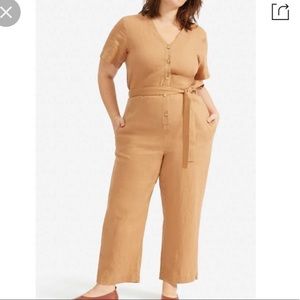 Everlane Linen Short Sleeve Jumpsuit with Button Front and Waist Tie